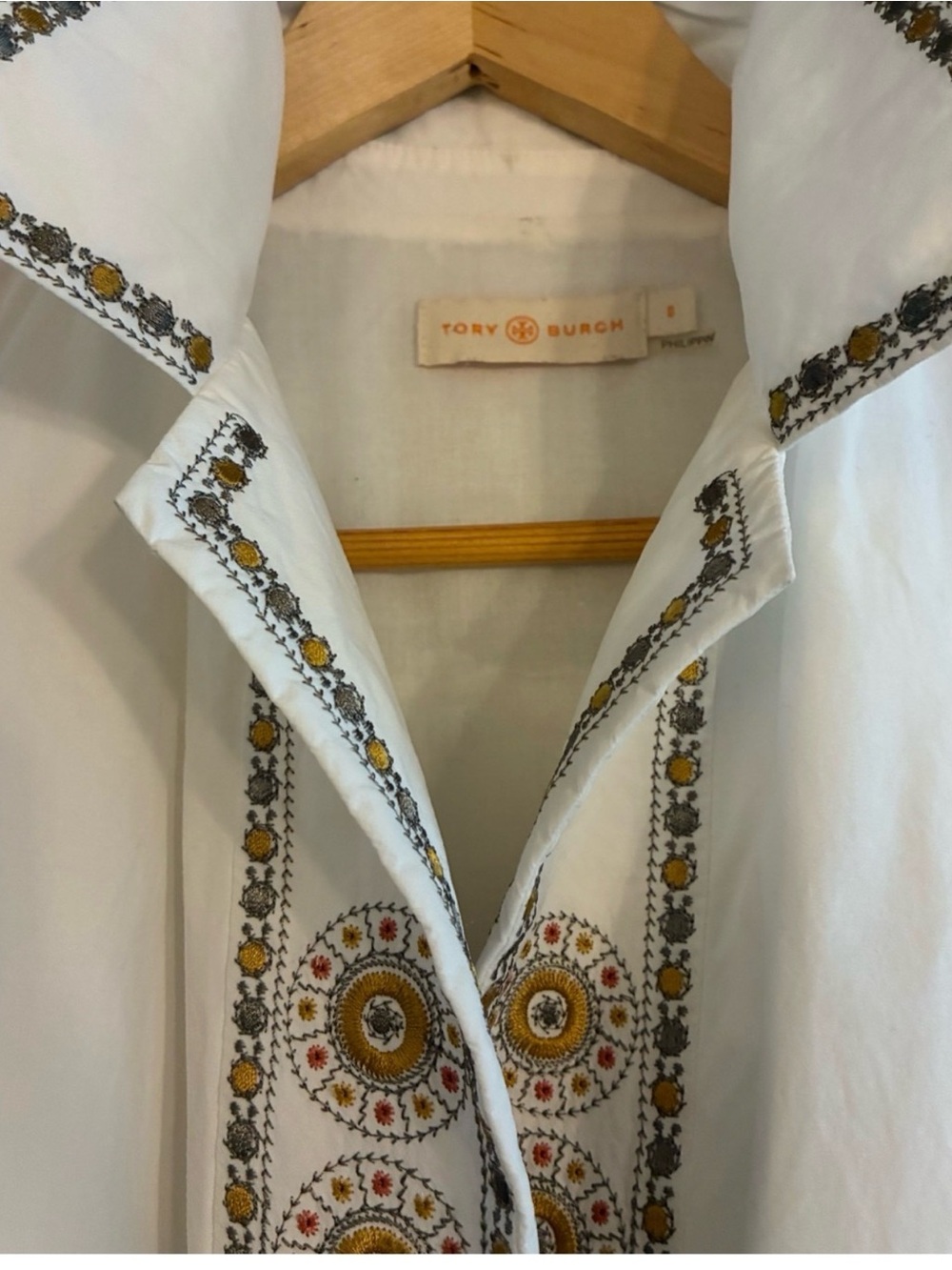 White Embroidered Belted Shirt Dress with Gold Accents - Picture 3 of 5
